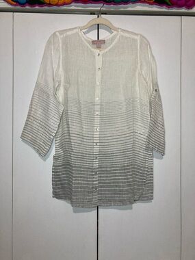 Saint Tropez West 100% Linen Small White to Gray Ombre Button-Front Gauzy Tunic